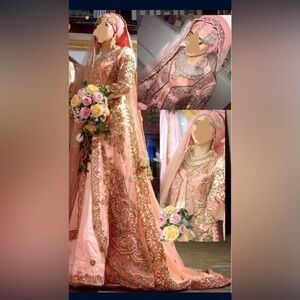Gold pink wedding dress crystals with gold embroidered design